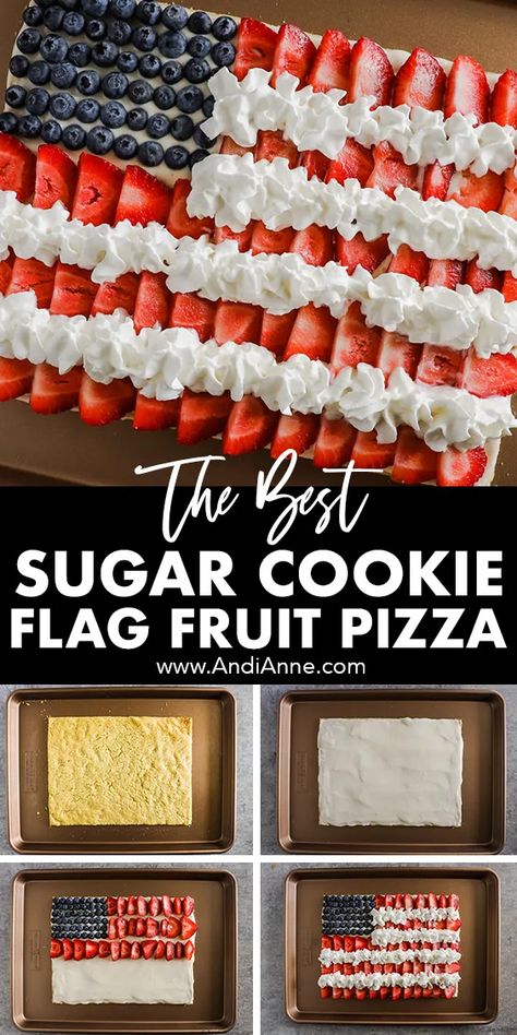 This easy-to-make American flag fruit pizza is perfect for a Fourth of July celebration, or backyard BBQ. I love cream cheese, fruit, and whipped cream frosting on a sugar cookie crust. Pillsbury Fruit Pizza, American Flag Fruit Pizza, American Flag Dessert, Flag Fruit Pizza, Easy Dessert Pizza, Flag Desserts, Pillsbury Sugar Cookie Dough, Fruit Pizza Crust, Pillsbury Sugar Cookies