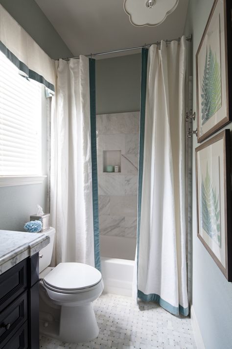 Fancy Shower Curtains, Shower Curtain With Valance, Shower Curtain Ideas, Two Shower Curtains, Double Shower Curtain, House Of Turquoise, Small Showers, White Shower Curtain, Bathroom Shower Tile