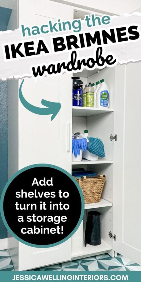 Turn an inexpensive Ikea wardrobe into a chic and functional storage cabinet with this easy Ikea Brimnes wardrobe hack! Ikea Storage Cabinet Hack, Ikea Cleaning Closet, Brimes Ikea Wardrobe Hack, Brimnes Wardrobe Hack, Ikea Brimnes Hack, Ikea Brimnes Wardrobe, Deep Storage Cabinet, Brimnes Wardrobe, Ikea Wardrobe Hack