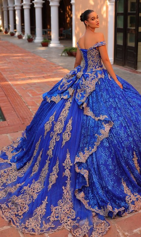 Long glitter off the shoulder quinceanera ball gown with lace embroidery. Royal Blue And Gold Quinceanera, Royal Blue Quinceanera Dresses, Royal Blue Quince, Royal Blue Quinceanera, Xv Dresses, Quinceanera Dresses Gold, Backless Dress Short, Quinceanera Dresses Blue, Quince Dress