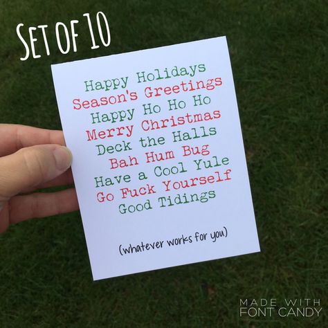 Grab one of these funny Christmas Card sets for the holiday season! This blank set of holiday cards is perfect for all your friends/family/coworkers with a healthy sense of humor! The holidays can be stressful but you can lessen the stress with a good laugh!  #holidaycards #funnyholiday #funnychristmas #funnychristmascards #shopsmall #smallshop #greetingcards #etsychristmas #blackfriday Funny Holiday Greetings, Rude Christmas Cards, Funny Holiday Card, Sarcastic Christmas, Funny Holiday Cards, Seasons Greetings Card, Funny Christmas Card, Happy Merry Christmas, Christmas Card Set