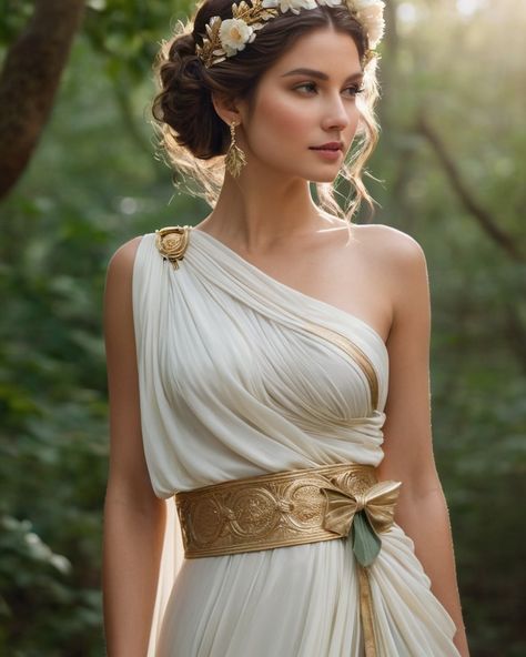 Greek Goddess Style Dress, Ancient Greek Clothes Aesthetic, Greek Dresses Style Ancient Greece, Greek Dresses Goddesses, Ancient Greece Inspired Outfits, Greek Mythology Dresses, Greek Fantasy Outfit, Athena Aesthetic Outfits, Hestia Goddess Costume