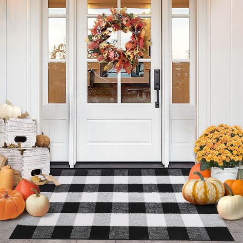 Fall Door Mat 27.5" x 43", Black and White Buffalo Plaid Fall Doormat Washable Fall Outdoor Welcome Mat for Front Door, Porch, Entryway Decor #ad Front Porch Thanksgiving Decor, Fall Stoop Decorations, Black And White Front Porch, Fall Door Mat, Porch Fall Decor, Outdoor Welcome Mat, Fall Doormat, Porch Rug, Front Door Porch