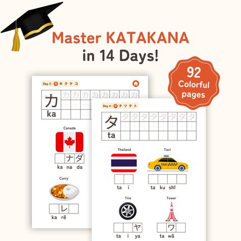 "Want to learn katakana quickly and actually know how to use them in common words and phrases? \"Master Katakana in 14 Days!\" is designed for Japanese beginners and those who have been learning Japanese for a while but want to strengthen their memories and learn the most common vocabulary. It is also a continuation of our best-selling learning material, \"Master Hiragana in 14 Days!\".  By the end of this, you will be able to: - recognize and write all katakana - learn 260+ most common Japan... Common Japanese Words, Learn Katakana, Learn Japanese Beginner, How To Speak Japanese, Basic Japanese, Basic Japanese Words, Learning Japanese, Japanese Language Learning, Writing Exercises