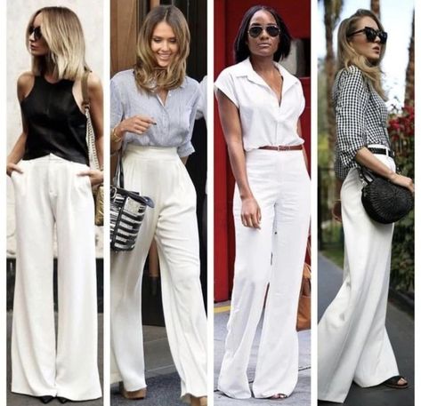 White Pants Outfit Summer Office Wear, White Pants Outfit Dressy, White Pants Outfit Summer Classy, White Trousers Outfit Classy, Pants Outfit Dressy, White Pants Outfit Summer, Flowy Pants Outfit, White Linen Pants Outfit, Classic Fashion Looks