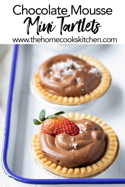 Deliciously decadent chocolate tartlets filled with a two-ingredient chocolate mousse. Thick, creamy rich chocolate mousse piped into mini tart shells. A super quick recipe if you're short on time. #chocolatetart #minitarts #twoingredientmousse Tart Ideas Sweet, Chocolate Mousse Tarts Mini, Mini Tart Shell Filling Ideas, Tartlet Filling Ideas, Mini Tart Desserts, Mini Tarts Dessert, Chocolate Mini Tarts, Mini Chocolate Tarts Recipe, Chocolate Mousse Tarts