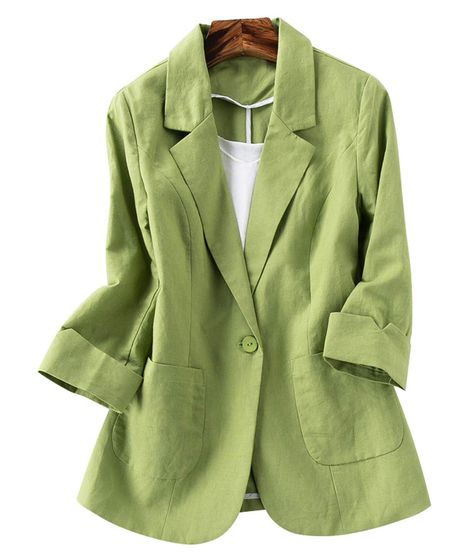 GGUHHU Womens Casual Notched Collar Rolled Up Sleeve One Button Linen Blazer Coat #Sponsored Summer Coats, Three Quarter Sleeve Tops, Womens Jackets Casual, Linen Short, Linen Blazer, Jacket Women, Belleza Natural, Linen Women, Office Ladies