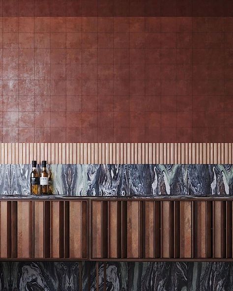 Commercial Feature Wall Design, Terracotta Pallete, Interior Stone Accent Wall, Wall Design Restaurant, Terracota Interior, Tiles Kitchen Wall, Terracotta Interior, Accent Wall Kitchen, Tiling Patterns