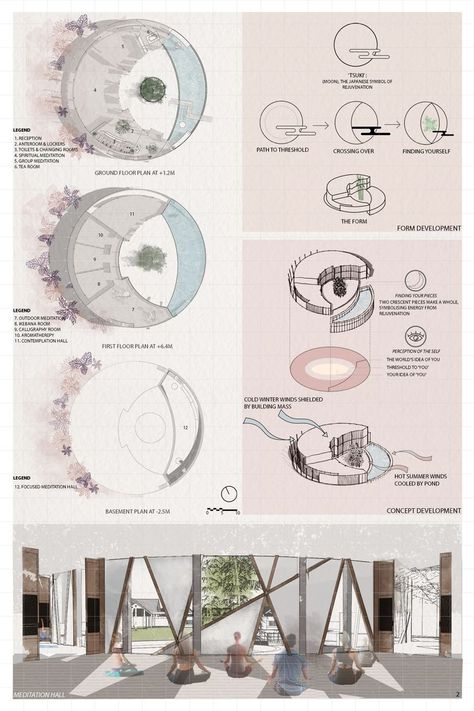 Mangata | Concept Architecture Project Yoga Building Architecture, Architecture Space Concept, Wellness Center Architecture Plan, Yoga Architecture Design, Concept Form Development Architecture, Yoga Center Architecture, Concept Models Architecture Ideas, Architecture Form Development, Museum Concept Ideas