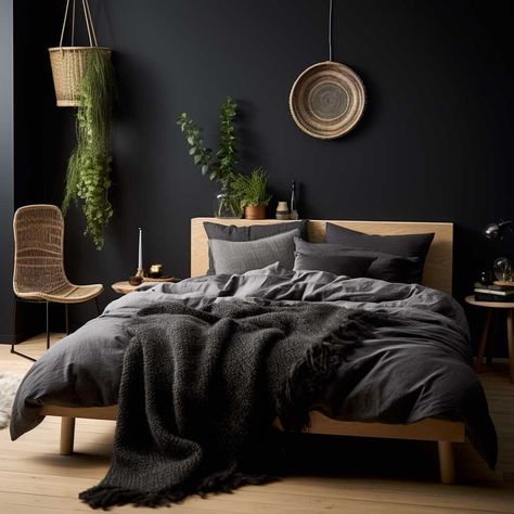 Mens Bohemian Bedroom, Modern Scandinavian Bedroom Design Master, Dark Scandinavian Bedroom, Small Dark Bedroom, Black And Wood Bedroom, Dark Scandinavian Interior, Male Bedrooms, Dark Scandinavian, Dark Wood Bed Frame