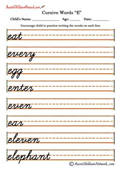 Cursive letter Words E e Cursive Handwriting Sheets, Aussie Childcare Network, Handwriting Worksheet, Cursive Writing Practice Sheets, Cursive Worksheets, Learn Handwriting, Cursive Handwriting Worksheets, Teaching Cursive, Words Writing