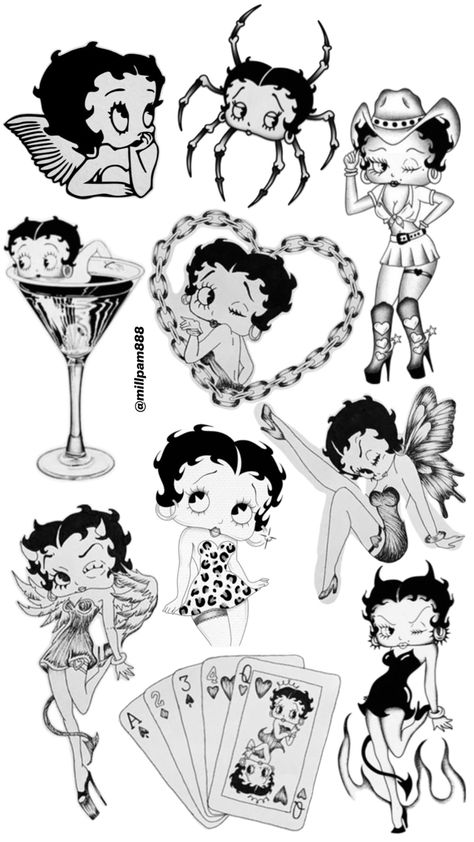 #bettyboop #tattooinspo #tattoos #tattoodesigns #blacktattoos #bettybooptattoo Betty Boop Boyfriend, Cute Betty Boop Tattoo, Betty Boop Tattoo Design, Betty Boop Tattoo Stencil, Tattoo Cartoon Characters, Tiffany Valentine Tattoo, Betty Boop Valentines Day, Betty Boop Tattoo Ideas, Larry Tattoos