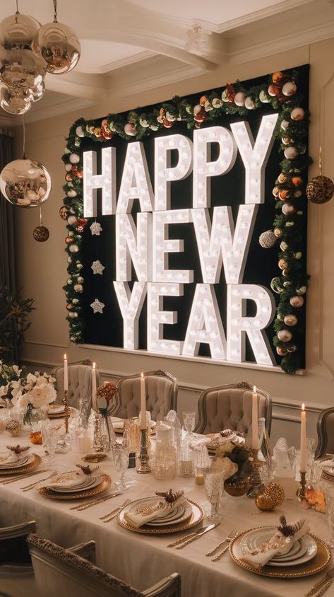 Effortless Elegance: 40+ NYE Party Ideas New Years Event Decor, Table New Year Decoration, New Years Decorations Home, New Years Diy Decor, New Years Ideas Decoration, New Year’s Eve Celebration, New Years Eve House Party Decorations, New Years Centerpieces, New Years Eve Theme Party Ideas