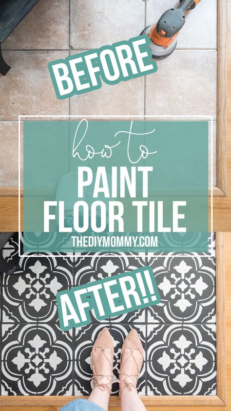 How to Paint Tile Floors with a Stencil | The DIY Mommy Paint Floor Tile, Stenciled Tile Floor, Stencil Tile, Paint Floor, Tile Floor Diy, Paint Tile, Paint Stencil, Painting Tile Floors, Floor Paint