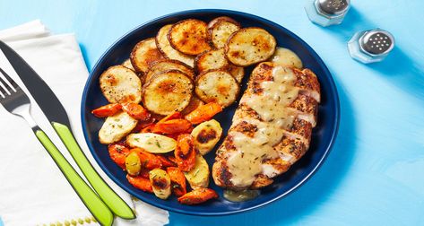 Herbed Pork Chops & Gravy Recipe | HelloFresh Hello Fresh Pork, Chicken Bruschetta Recipe, Chicken Gravy Recipe, Pork Chops And Gravy, Butter Potatoes, Roasted Parsnips, Hello Fresh Recipes, Herb Chicken, Chicken Gravy