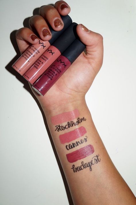 Nyx swatches | liquid lipstick | nyx Stockholm | nyx Budapest | nyx Cannes Nyx Cannes, Nyx Lip Liner Swatches, Nyx Soft Matte Lip Cream Swatches, Nyx Stockholm, Nyx Swatches, Nyx Cosmetics Lipstick, Nyx Eyeshadow Palette, Nyx Butter Lipstick, Nyx Eyeliner