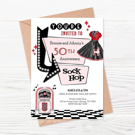 Printable Sock Hop Anniversary Party Invitation, 50 1950s Invitation, Anniversary Party Invitations, Soda Shop, Sock Hop, Pen Design, Label Paper, Office Max, Anniversary Party, Anniversary Celebration