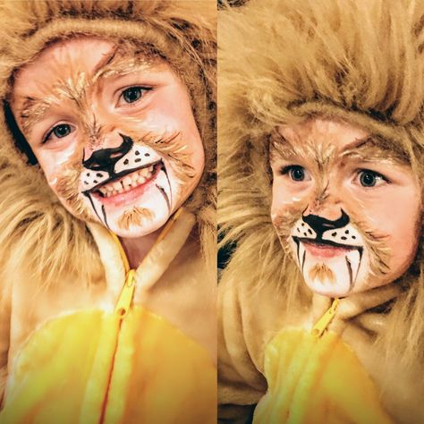 Sabertooth Lion Face-Paint (by 4yr request) •Simple 5mins •Paints: Snazaroo 28 color palette + B & W 18ml/ea. Lion Face Painting For Kids, Easy Lion Face Paint, Easy Lion Makeup, Simple Lion Face Paint, Lion Face Painting Easy, Kids Lion Face Paint, Lion Makeup Kids, Lion Face Makeup, Face Painting Lion