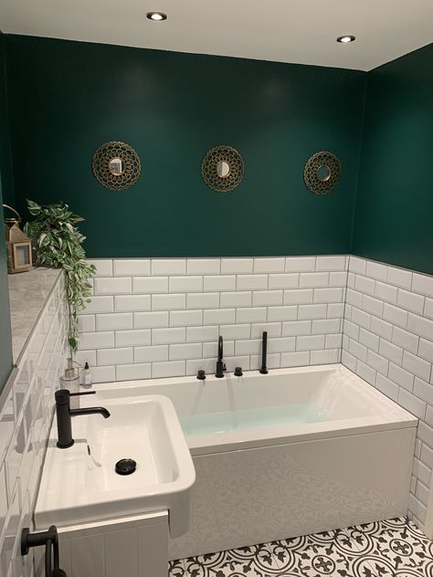 Metro tiles dark green bathroom Victorian tiles Matt black taps Dark Green Bathrooms, Green Bathroom Decor, Bilik Air, Small Bathroom Makeover, Green Walls, Bathroom Inspiration Decor, Bathroom Trends, Green Bathroom, Bathroom Renos