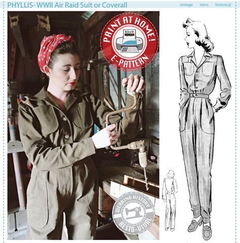 E-PATTERN Phyllis 1940s WWII 1940s Air Raid Suit or | Etsy Coverall Pattern, Air Raid, Rosie The Riveter, Sewing Book, Clothes Sewing Patterns, Photo Tutorial, Vintage Sewing Patterns, Historical Fashion, Pdf Sewing Patterns