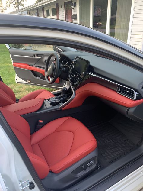 Red Car Seats Aesthetic, Black Toyota Camry Red Interior, Red Interior Car Aesthetic, 2024 Toyota Camry, Toyota Camry Xse Red Interior, Toyota Camry Red Interior, Toyota Camry Aesthetic, Camry Interior, Red Interior Car