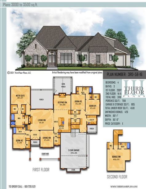 This exquisite 4 bedrm 3 bath home plan has a side load 3 car garage with storage. Open concepts & rear views all the way through. A chefs’ kitchen w/ butler’s pantry, walk in pantry, large island & is open to the keeping rm w/ fireplace & views of the screened porch. The computer rm is right off the kitchen. The living rm has a fire place w/ rear views of the large porch. Bedrms 3 & 4 share a Jack & Jill bath. The bonus rm could be a 5th bedrm and 4th bath. All for just under 3200 Sq Ft. H&C Friends Entry, Keeping Room With Fireplace, Garage With Storage, Large Porch, Master Suite Bedroom, Brick Siding, Porch Fireplace, Model House Plan, Country Style House Plans