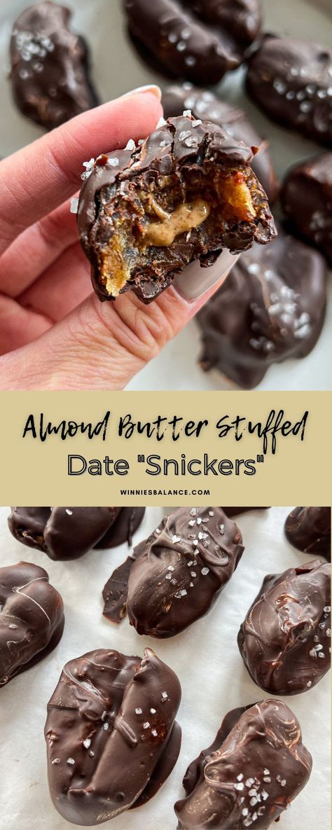 Almond Butter Stuffed Date "Snickers" - WINNIESBALANCE Date Snickers, Chocolate Covered Dates, Almond Butter Snacks, Almond Butter Recipes, Paleo Recipes Dessert, Clean Eating Desserts, Fat Foods, Melting Chocolate Chips, Easy Snack Recipes