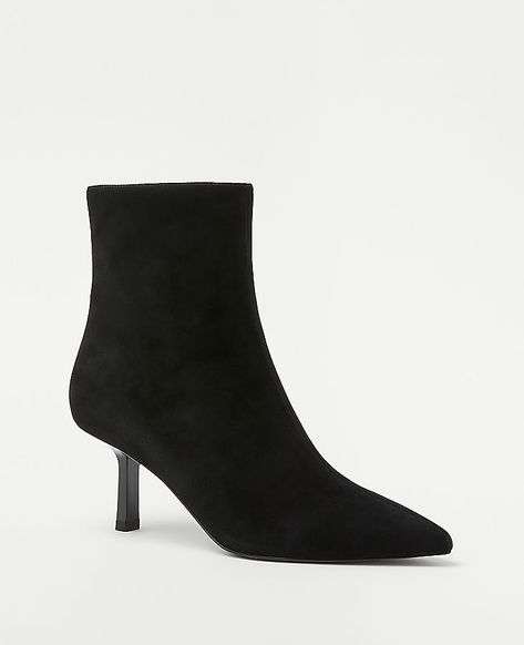 Crafted in buttery-soft suede, our sculptural heel booties make the sleekest style statement. Pointy toe. Inside zip. Padded footbed for complete comfort. 2 1/2" heel.,Imported:Imported,Fabrication:Suede Sculptural Heel Suede Booties by Ann Taylor Size regular - 5 Black Women's Medium, Boots, Footwear, Suede Medium Boots, Female Features, Knitted Suit, Black Suede Booties, Detail Shop, Sleek Fashion, Style Statement, Suede Booties, Soft Suede