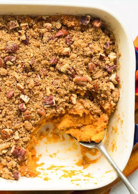 Sweet Potato Casserole Healthy, Vegan Sweet Potato Casserole, Best Sweet Potato Casserole, Sweet Potato Casserole Easy, Canning Sweet Potatoes, Pecan Topping, Sweet Potato Recipes Casserole, Fruit Crumble, Stuffed Sweet Potato Healthy