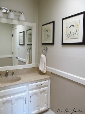 bathroom makeover after, The Pin Junkie featured on Remodelaholic.com Bathroom Art Work, Chair Rail Paint Ideas, Bathroom Chair, Diy Bathroom Makeover, Chair Rail, Trendy Bathroom, Diy Bathroom Decor, Laundry Room Makeover, Bathroom Art