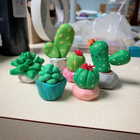 Miniature cactus and succulents made with polymer clay. A great beginner project. Polymer Clay Sculptures Easy, Easy Clay Art For Beginners, Small Clay Sculptures Easy, Clay Sculpture Ideas For Beginners Easy, Air Dry Clay Beginner Projects, Easy Polymer Clay Ideas For Beginners, Easy Clay Projects For Beginners, Air Dry Clay Sculpture Ideas For Beginners, Baking Clay Ideas