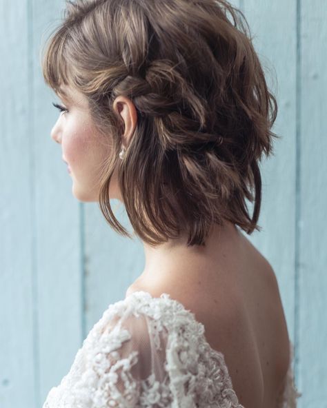 Short Layers Updo, Shag Bridesmaid Hair, Formal Chin Length Hairstyles, Formal Short Hairstyles With Bangs, Bob With Bangs Wedding Hairstyles, Chin Length Formal Hairstyles, Romantic Updo Short Hair, Formal Hairstyles For Short Hair With Bangs, Short Formal Hairstyles With Bangs