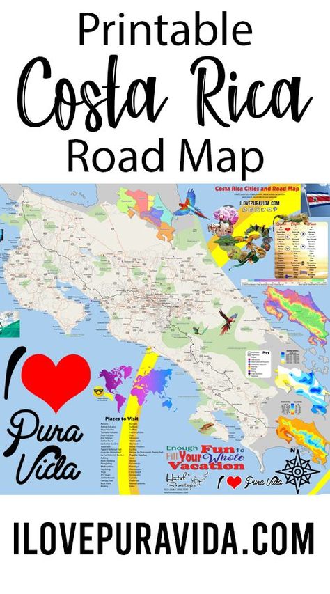 Printable Road Map of Costa Rica with road signs, elevation map, weather map, rainfall map, provinces map and a whole list of places to visit while you enjoy your vacation! Map Of Costa Rica, Vacation Costa Rica, Vacation Map, Costa Rica Map, Printable Road, North America Travel Destinations, Chile Travel, Weather Map, Eastern Europe Travel