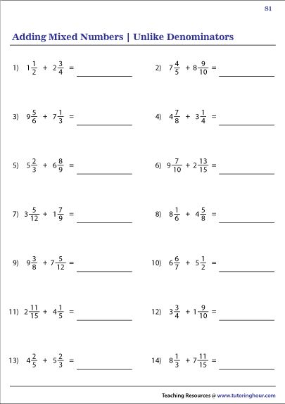 Adding Mixed Numbers Unlike Denominators, Adding Fractions With Unlike Denominator, Adding Mixed Fractions, 6th Grade Spelling Words, Adding Mixed Numbers, Free Fraction Worksheets, Math Worksheets For Kids, Math Fractions Worksheets, Math Multiplication Worksheets