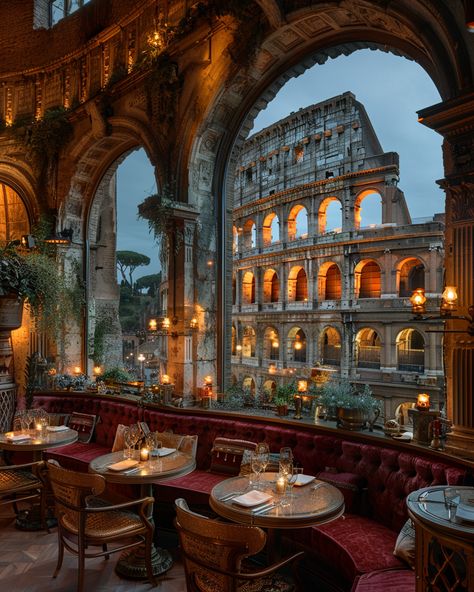 Interior View of Luxury Double Height Colosseum Arched Restaurant Michelin Restaurant Interior, Italian Windows Design, Restaurant Building Exterior, Classic Cafe Interior, Italy Restaurant Aesthetic, Vintage Italian Restaurant, 1940s Italy, Italian Restaurant Interior, Italian Restaurant Decor