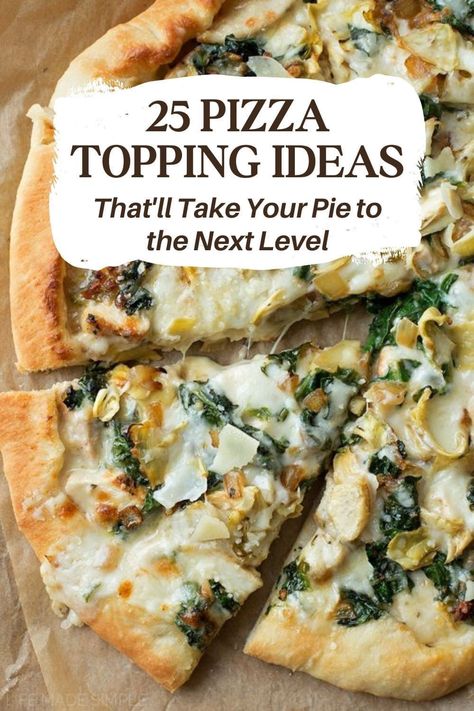 Pepperonis not doing it for you anymore? Step up your pizza game with one of these 25 fantastic topping ideas. We've got you covered from something sweet to something savory - no bland pies here! So get creative and upgrade your dinner tonight. Pizza Topping Ideas, Mediterranean Pizza, Chicken Bacon Ranch Pizza, White Pizza Recipes, Creative Pizza, Pizza Topping, Bbq Chicken Pizza, Pizza Recipes Easy, Pizza Recipes Homemade