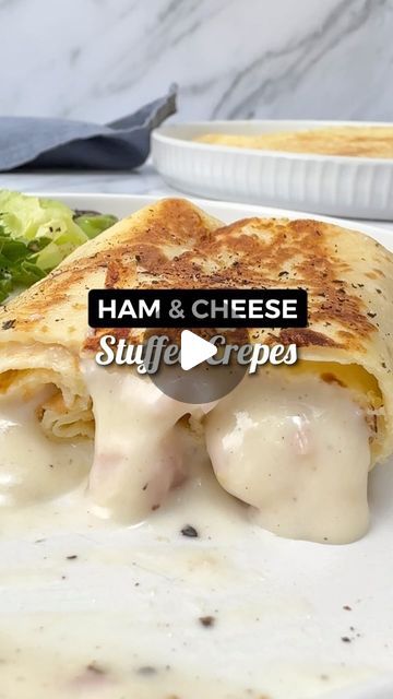 Isabelle Dunn | French Recipe Videos on Instagram: "CHEESE STUFFED CRÊPES 🇫🇷🧀 Recipe👇🏼

Savoury crepes are a French classic and a nostalgic  one for me, as really brings back childhood memories! Instead of ham, you can experiment with other fillings such as cooked sliced mushrooms 👌🏼

📍SAVE this post to give this recipe a try 

👩🏻‍🍳 To make 8x stuffed pancakes (2 per person)

Crêpes:
700ml full fat milk
350g flour 
1tsp salt
4 eggs
50g melted butter

Béchamel:
50g butter
50g flour
600ml full-fat milk
100g freshly grated cheese 
200g ham, finely chopped
1/2 tsp nutmeg 
Salt & pepper 

⭐️Mix all the crepe ingredients, set aside for 30mins to thicken slightly. Heat a pan and grease with a small amount of butter and oil, cook each pancake for 1-2 minutes on each side until cooked an Savoury Crepes, Stuffed Pancakes, Stuffed Crepes, Crepe Ingredients, French Recipe, Cheese Pancakes, Savory Crepes, French Classic, Cheese Stuffed