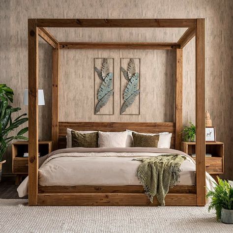 Wood 4 Poster Bed Master Suite, 4 Poster Bed Frame, Wooden Four Poster Bed With Curtains, Rustic Four Poster Bed, Wooden 4 Poster Bed, Rustic Bed Ideas, Poster Bed Bedroom Ideas, Rustic Bed Frame Ideas, 4 Poster Bedroom Ideas