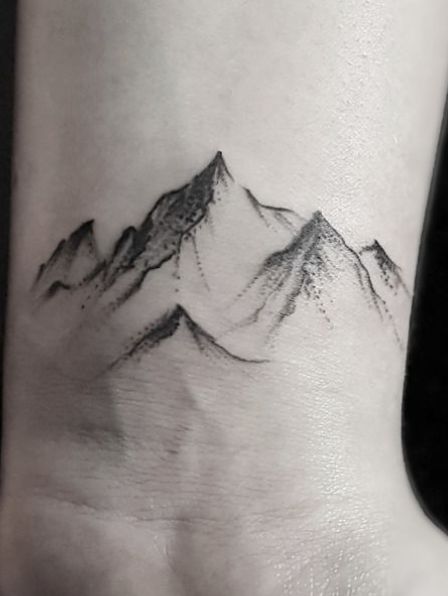 Moutain Tattoos, Antler Tattoos, Wilderness Tattoo, Berg Tattoo, Small Mountain Tattoo, Travel Tattoo Ideas, Mountain Tattoos, Snow Tattoo, Side Hip Tattoos