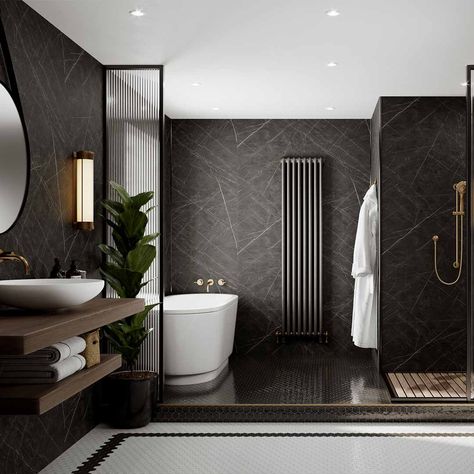 Designed by Linda | Designer Bathroom Mood boards - Multipanel Dark Luxe Bathroom, Dark Bathroom Mood Board, Luxury Dark Bathroom, Dark Luxury Bathroom, Bathroom Mood Board Inspiration, Bathroom Wet Wall, Bathroom Mood Board, Black Marble Bathroom, Dark Bathrooms