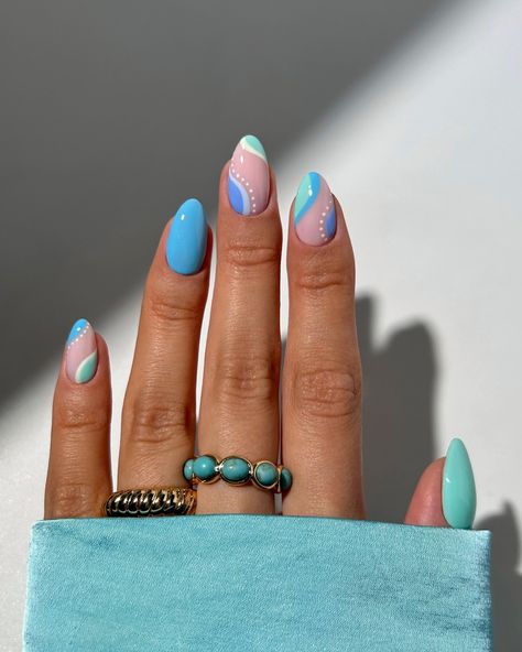 summer turquoise swirls 🩵🦋🐬🫐 rings from @luvaj - linked in my bio ✨ #nails #nailinspo #nailart #naildesign #turquoisenails #summernails Summer Nail 2024 Trends Almond, Bio Nails, Cruise Nails, Beachy Nails, August Nails, Turquoise Nails, Nails Yellow, Subtle Nails, Summery Nails