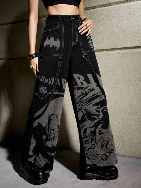 Black  Collar  Denim Letter Wide Leg Embellished Non-Stretch  Women Clothing Patchwork Black Jeans, Batman Outfits For Women, Batman Pants, Dc Outfits, Graphic Jeans, Street Style Vintage, Drop Shoulder Tee, Easy Trendy Outfits, Women Shawl