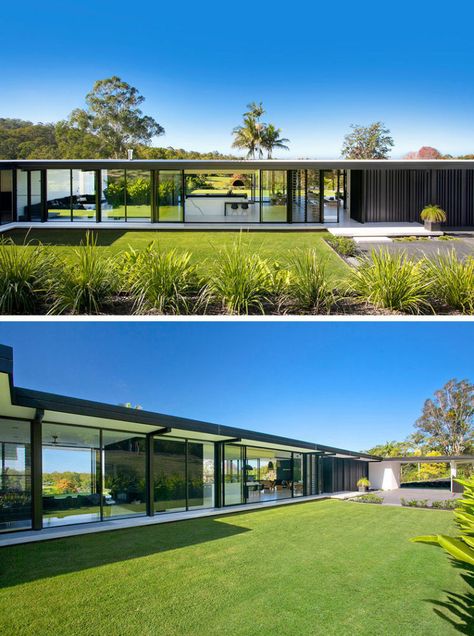 Single Level Family Home With A Large Backyard Modern Architecture Design, Mid Century Architecture, Glass Walls, Level Design, Modern Architecture House, Australian Homes, Indoor Outdoor Living, Glass House, Residential Architecture