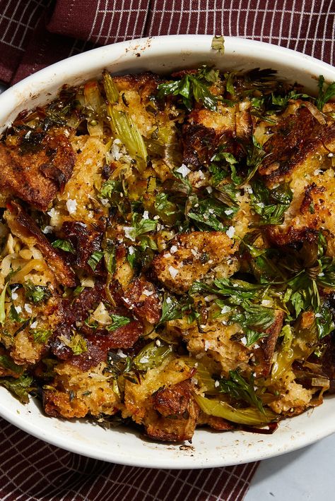 Alison Roman - Buttered Stuffing With Celery and Leeks Recipe - NYT Cooking Alison Roman Thanksgiving, Alison Roman, Leek Recipes, Roasted Chicken Thighs, Thanksgiving Cooking, Hosting Thanksgiving, Nyt Cooking, Arabic Tattoo, Piece Of Bread