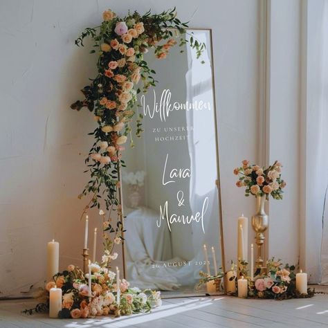 Wedding Selfie Mirror Decor, Welcome To Wedding Sign Mirror, Wedding Mirror Sign With Flowers, Engagement Party Sign Mirror, Large Mirror Wedding Decor, Mirror Board Wedding, Wedding Signage Mirror, Wedding Entrance Sign Mirror, Wedding Picture Frame Ideas