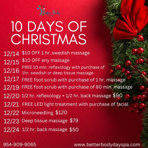 Massage Holiday Promotions, Spa Specials Ideas Christmas, Christmas Spa Specials, Holiday Massage Specials, Christmas Massage Specials, Spa Christmas Promo, Spa Holiday Promotions, October Massage Specials, Christmas Esthetician