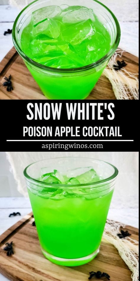 Snow White Cocktail Drink Recipes, Snow White Cocktail, Green Apple Syrup Drinks, Cruella Deville Cocktail, Poison Apple Drink Cocktail Recipes, Green Apple Alcohol Drinks, Cocktail Recipes Sweet, Poison Apple Cocktail, Poison Apple Drink