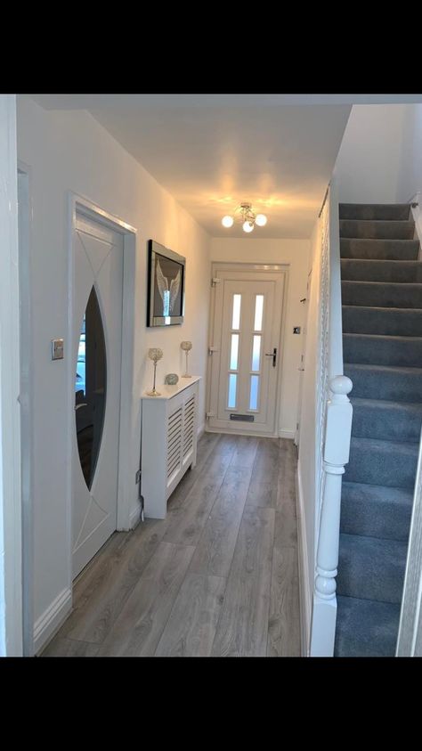 Grey Hallway Decor, Grey Flooring Hallway Ideas, Hallway Ideas Grey And White, Mdf Wall Panel Ideas Stairs, White Panelling Hallway, Hallway Grey Floor, Council House Kitchen Ideas, Grey Panelling Hallway, Neutral Living Room Panelling