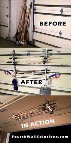 For Fishing Rods, Kayak Paddles and light Garden Tools to hang on your Garage Door or on your walls or ceiling Garage Door Storage, Garage Organization Shelves, Fishing Pole Storage, Garage Organization Systems, Fishing Rod Holders, Shelves Garage, Kayak Storage Rack, Garage Door Types, Organization Shelves