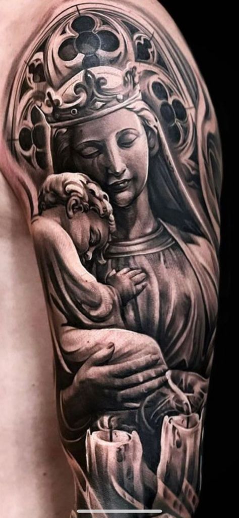 Saint Maria Tattoo, Religous Tattoo Arm Sleeve, Madonna Tattoo, Religous Tattoo, Mother Mary Tattoos, Maria Tattoo, Arm Tattoos For Guys Forearm, In Loving Memory Tattoos, Virgin Mary Tattoo